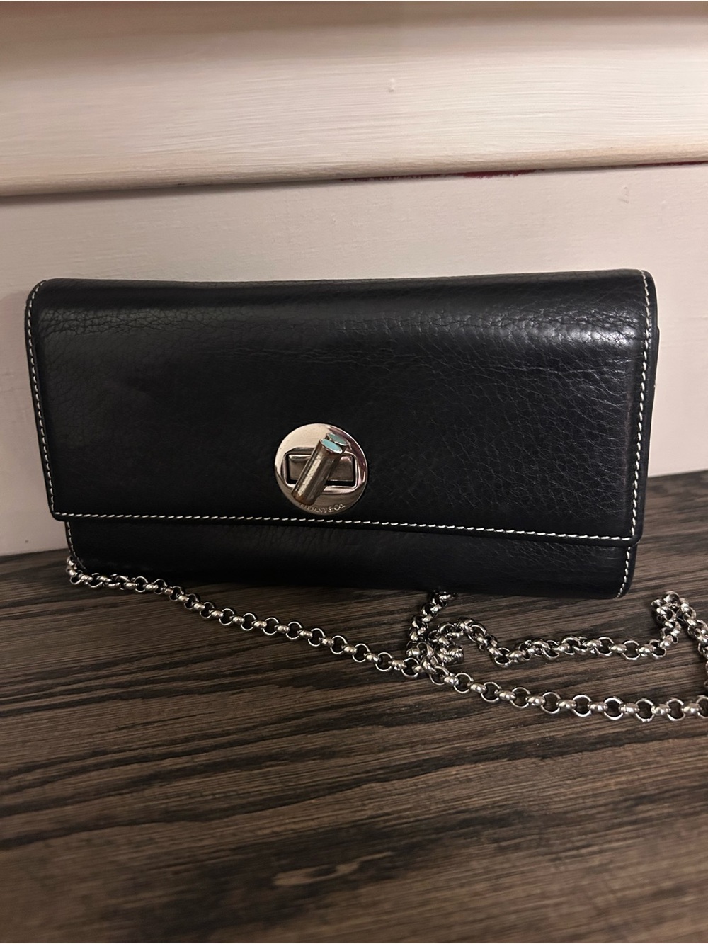 Tiffany & Co. Black Leather Crossbody with Silver Chain and Turn-Lock